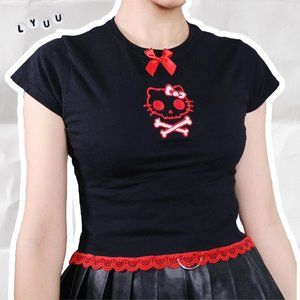 LYUU KITTY SKULL CROP TOP lace hello kitty goth